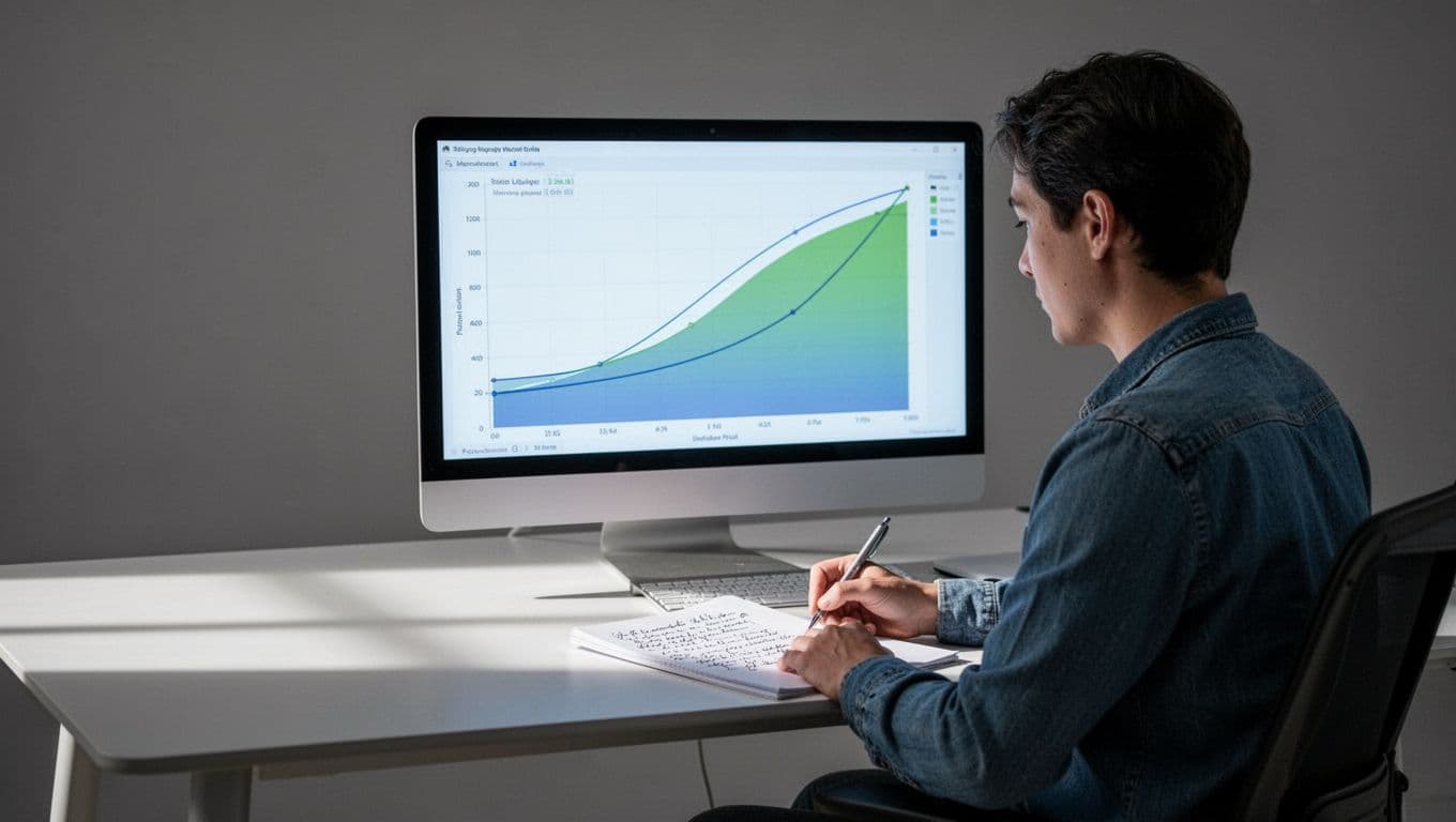 Modern illustration of a person at a desk analyzing trend graphs on a computer screen displaying rising curves for biohacking topics like peptides and NAD boosters, using clean shapes and a blue-green color palette.