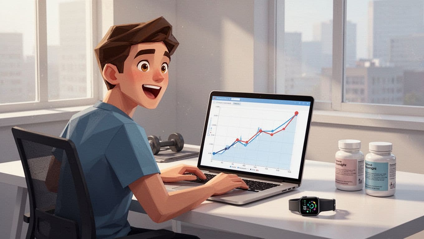 Modern illustration of a single person at a clean office desk excitedly analyzing a trend graph on a laptop screen showing increasing searches for fitness products like wearables and supplements, with nearby fitness gear.