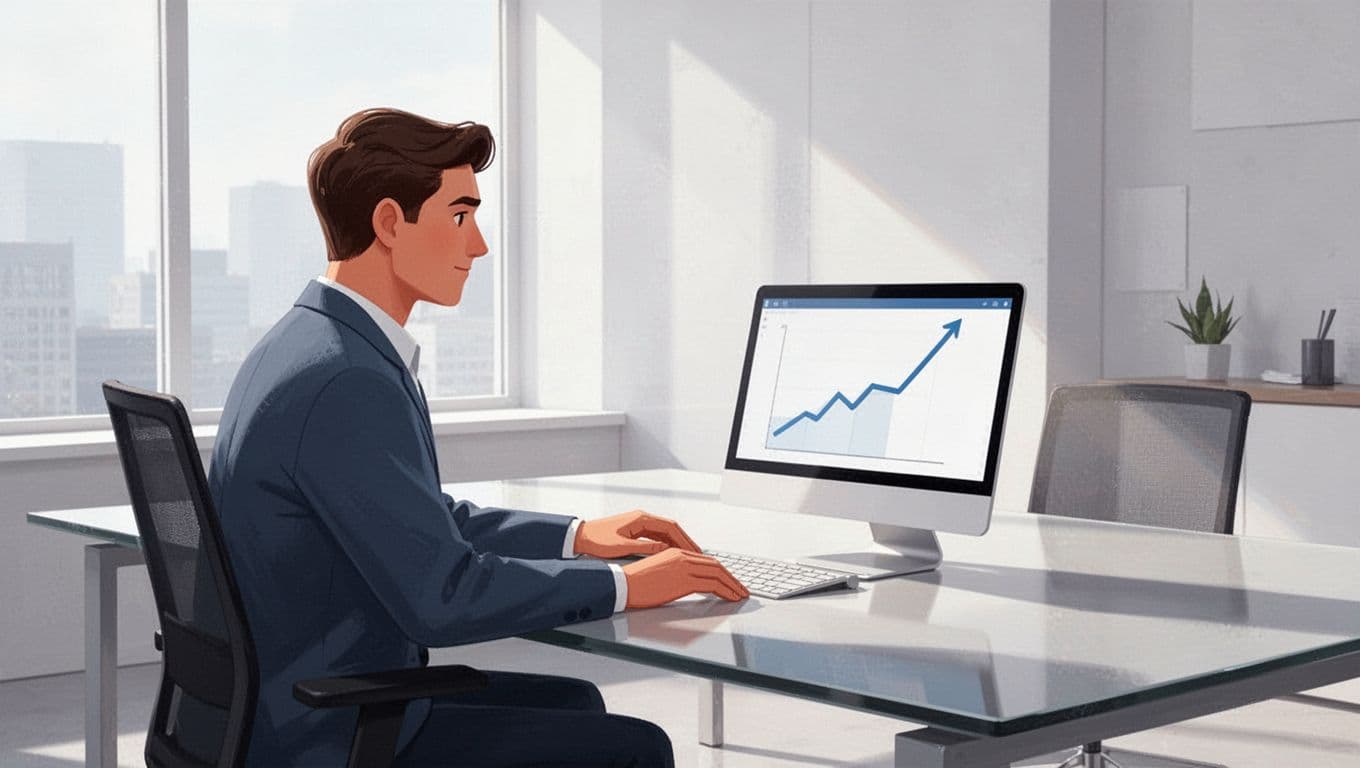 Modern illustration of a relaxed person at a desk in a bright office, viewing a simple upward trending line chart on a laptop screen, illustrating trend data analysis.