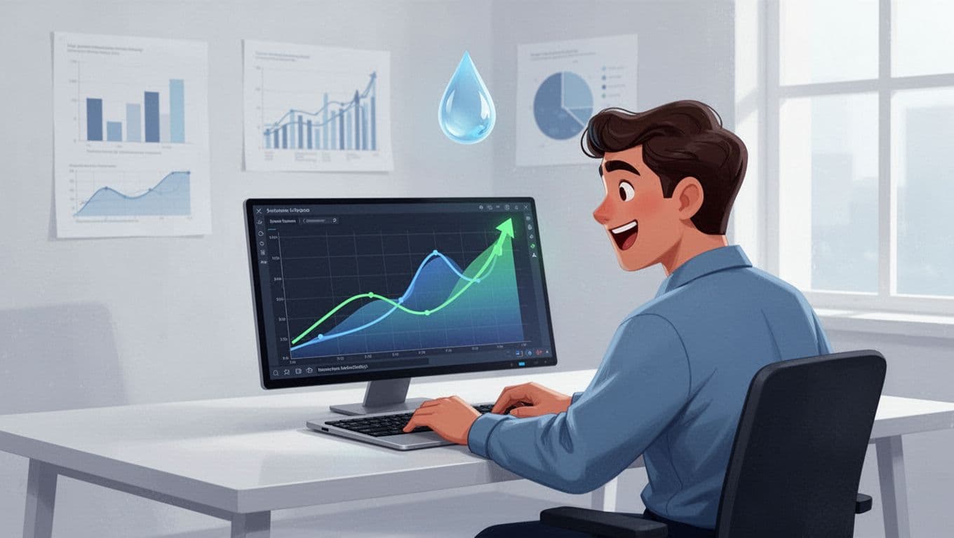 Modern illustration of a person at a desk excitedly analyzing rising trend graphs for water tech keywords on a computer screen in a clean office with charts and water drop icon.