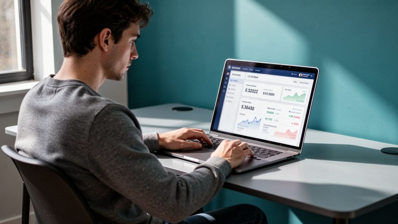 Modern illustration of a person at a desk checking a laptop screen showing the Wise app dashboard with blurred US bank details like routing and account numbers. Features clean shapes, blue and green colors, side-angle composition, and natural lighting with exactly one person and one laptop.