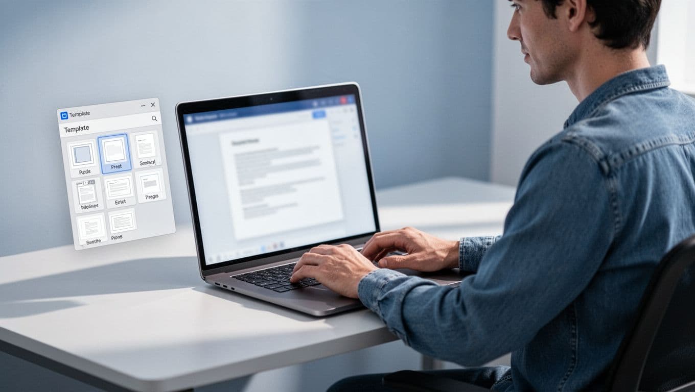 Modern illustration of a person at a desk composing an email in Gmail on a laptop, with a template menu open nearby. Clean shapes, controlled colors in blues and whites, strong side-angle composition.