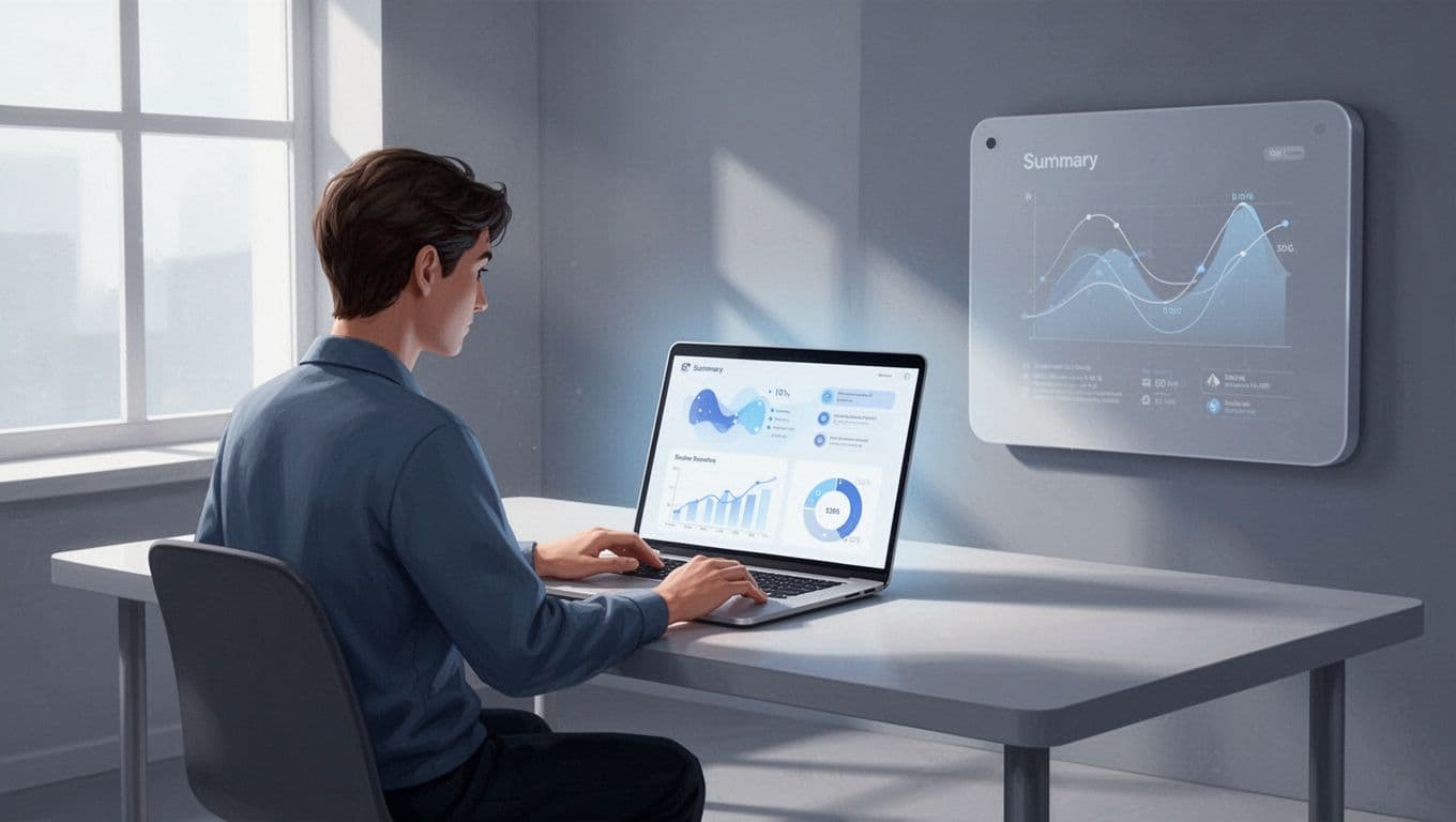 Person at desk views bullet-point PDF summary in laptop chat column with subtle side infographic.