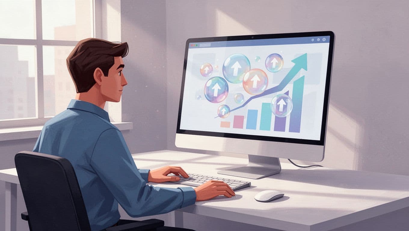 Modern illustration of a person examining a computer screen showing clusters of emerging topic icons and growth metrics as abstract bubbles with arrows, in a softly lit workspace.