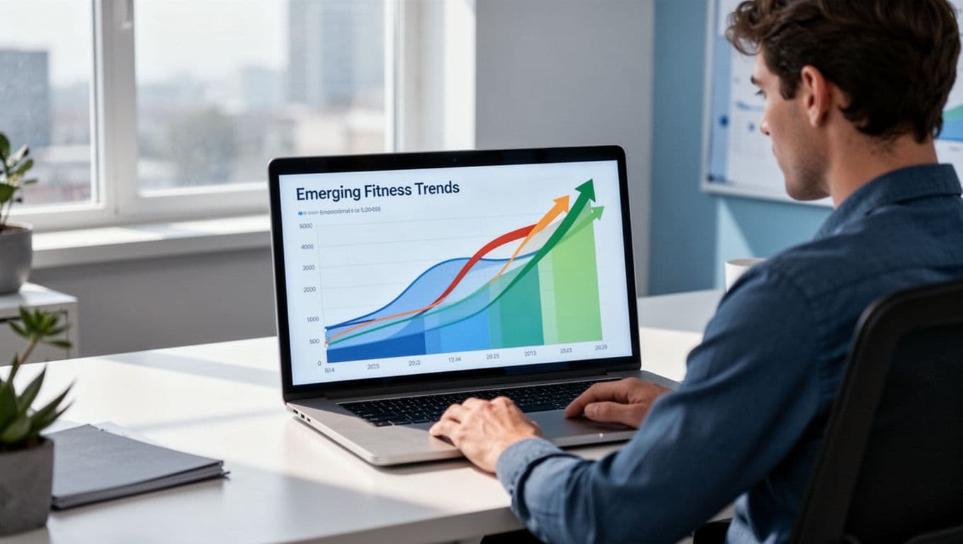 Modern illustration of a person at a clean office desk viewing an Exploding Topics dashboard with rising trend graphs for fitness categories like pickleball studios and EMS training. Centered laptop in natural daylight with blues and greens palette, strong composition, exactly one person.
