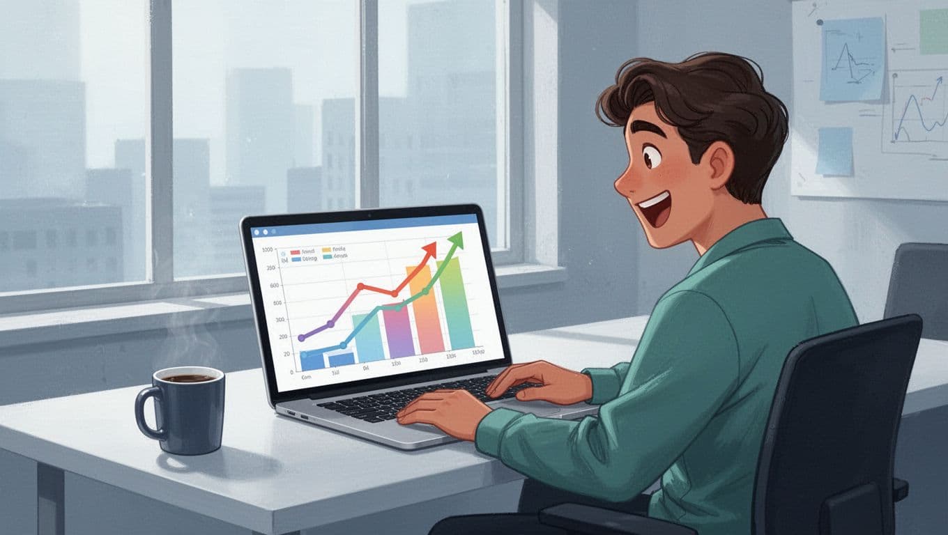 Modern illustration of a person at a desk spotting rising business trends on the Exploding Topics dashboard, with laptop screen showing upward trend graphs, coffee mug nearby, in a clean office setting.