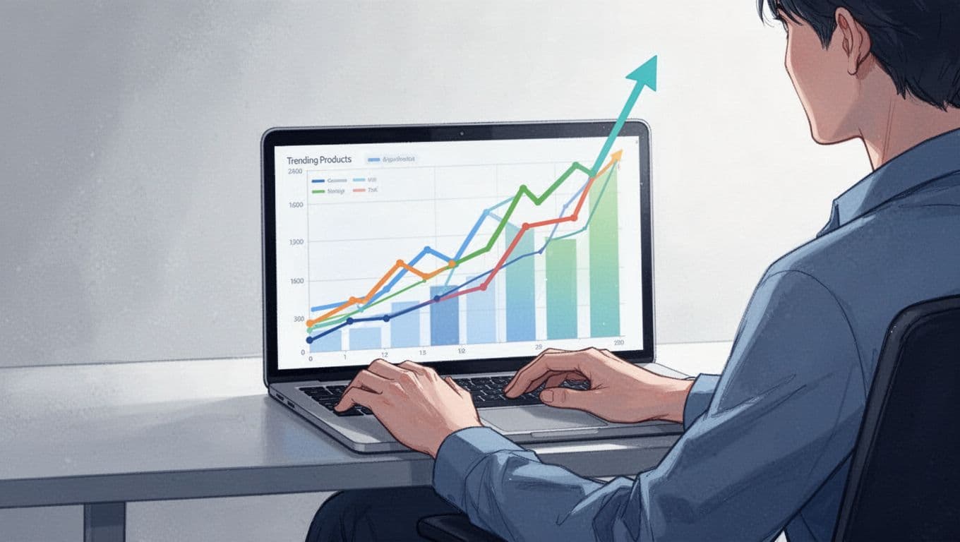 Modern illustration of a person at a desk browsing Exploding Topics on a laptop, discovering trending product graphs rising sharply, in a clean blue and green palette with focus on the screen.