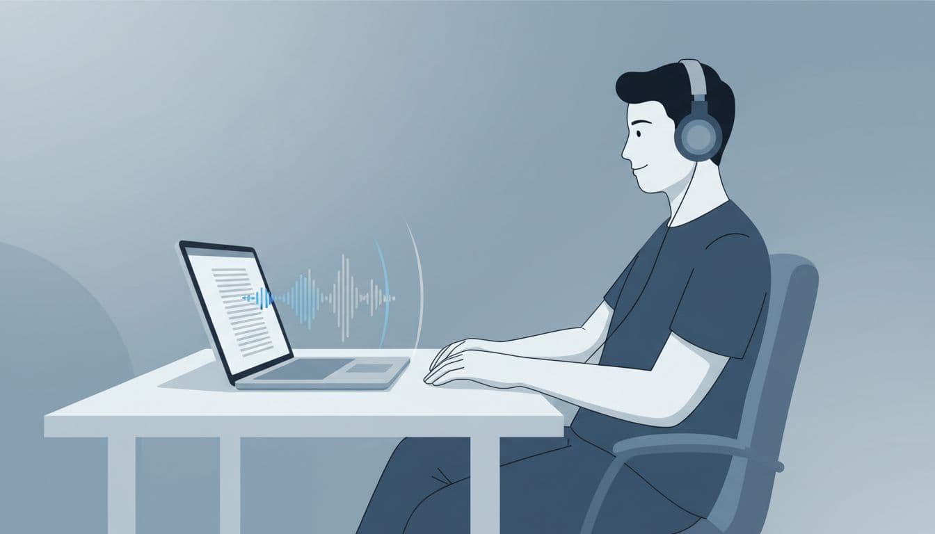 One person sits relaxed at a clean desk with open laptop, wearing wireless headphones, subtle sound waves from screen.