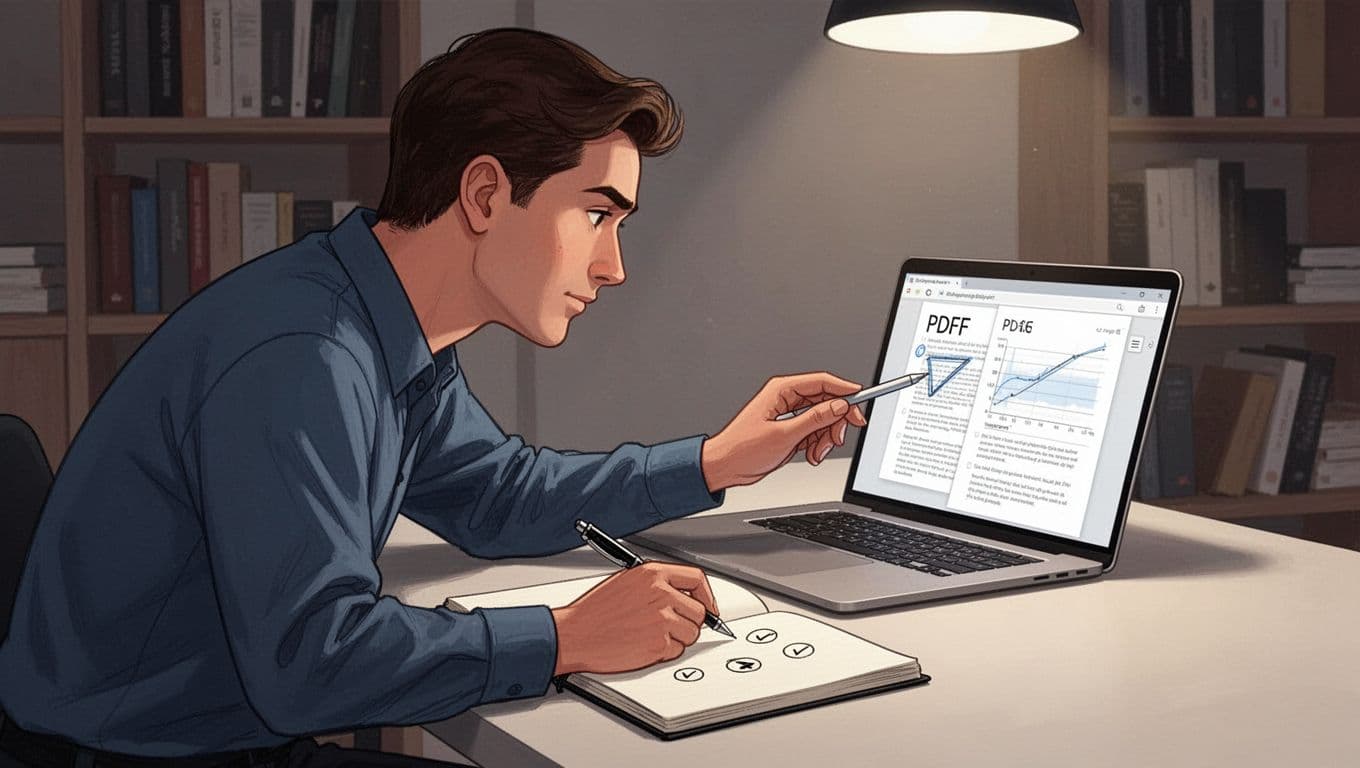 A focused individual leans forward at a desk, using a digital tool to highlight a section in a PDF on their laptop screen, with an open physical notebook and pen for jotting bullet points nearby. The scene is set in a quiet room with a bookshelf background and soft overhead light, emphasizing active reading and note-taking.