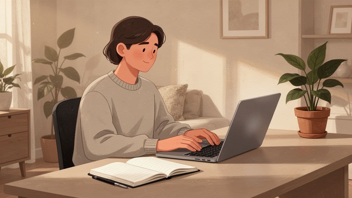 Person sits at desk with laptop screen angled and blurred, hands relaxed on keyboard, open notebook nearby, plant in cozy home office.