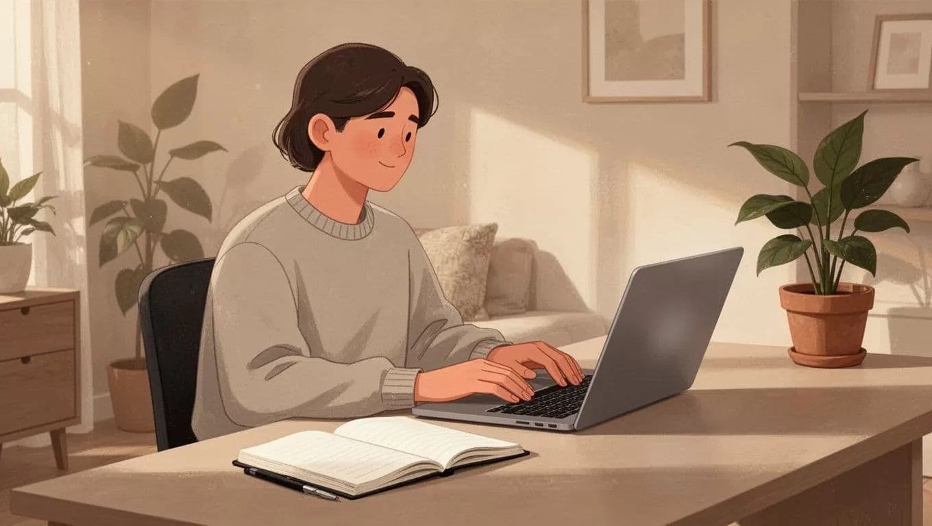 Person sits at desk with laptop screen angled and blurred, hands relaxed on keyboard, open notebook nearby, plant in cozy home office.
