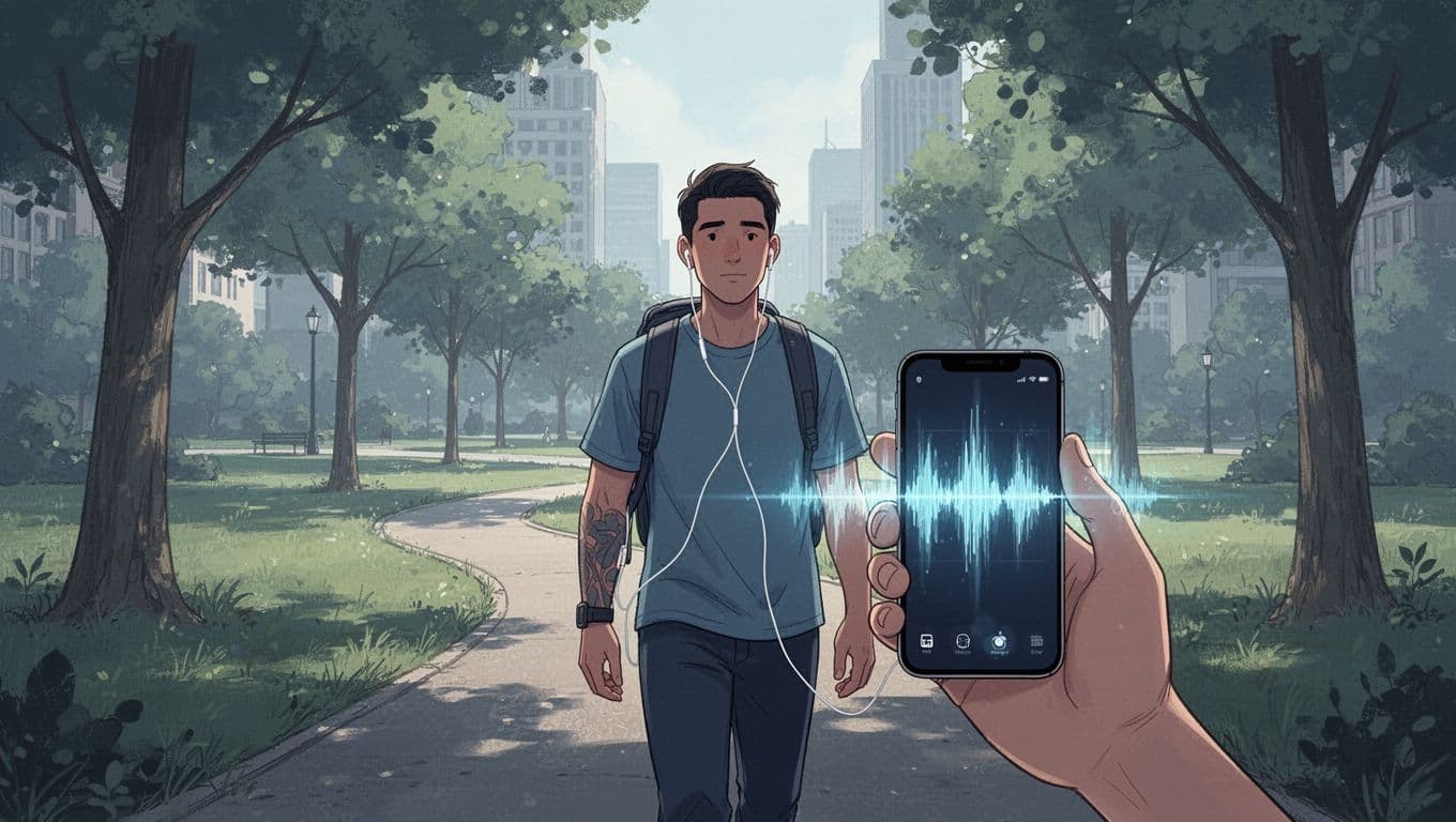 Person walks in city park with wireless earbuds, holding smartphone showing article as audio waveform.