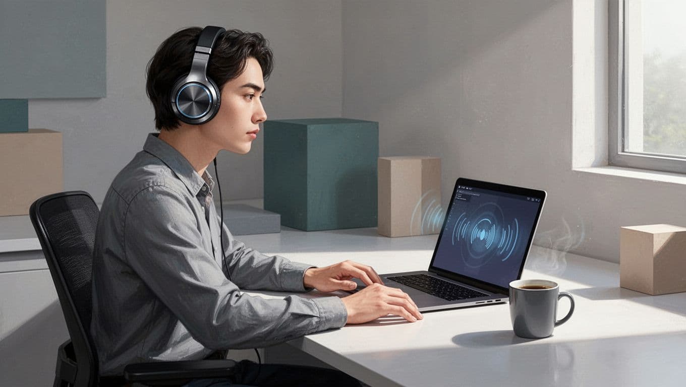 Modern illustration of one person wearing headphones, listening to text-to-speech audio from a laptop screen displaying document text, set on an office desk with a coffee mug. Features clean shapes, controlled colors, strong composition, natural lighting, and relaxed hands.