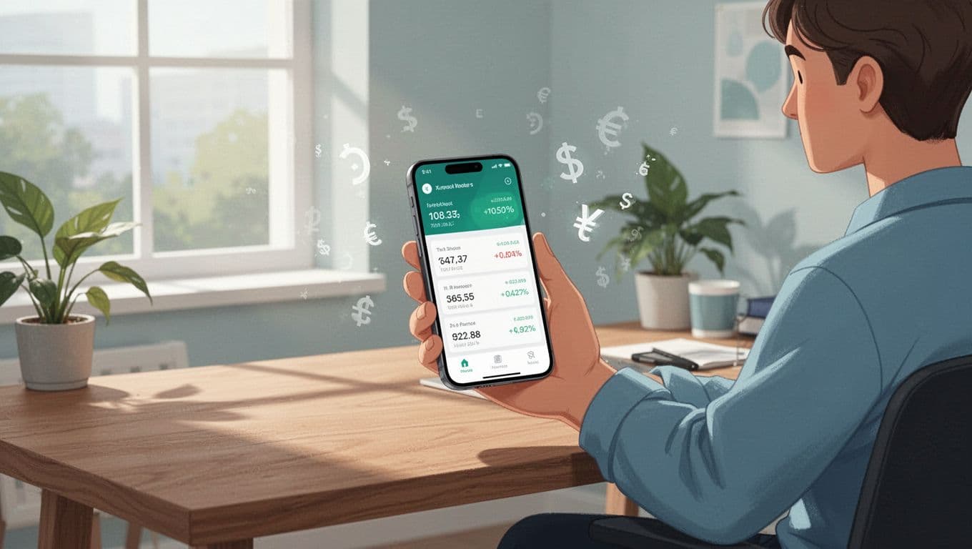 Person sits at wooden desk in bright home office, holding smartphone showing money transfer app with USD to PHP rate.