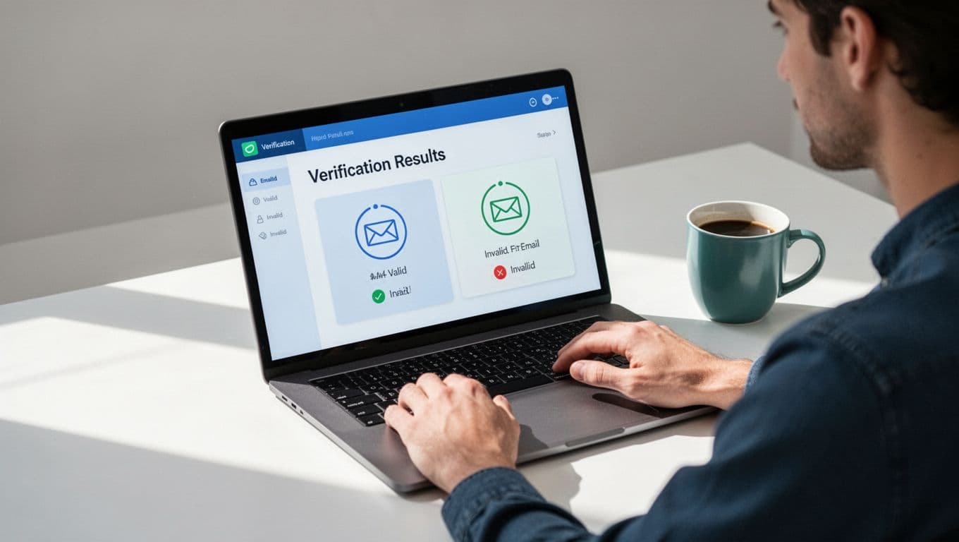 Modern illustration of a person at a clean desk with a coffee mug, checking email verification results on a laptop screen showing status icons for valid and invalid emails. Bright natural lighting, minimal background, clean shapes in blues and greens.