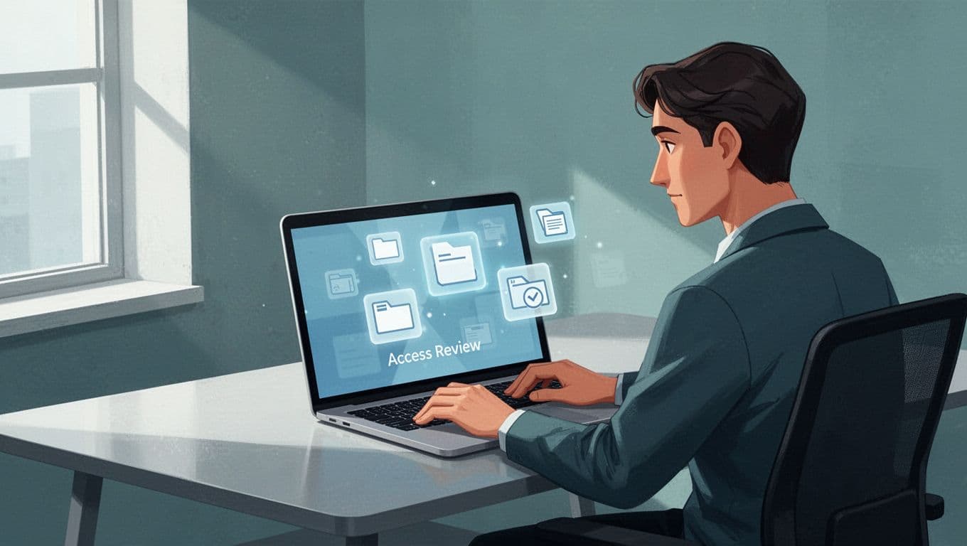 Modern illustration of a person at a desk thoughtfully reviewing file access permissions on a laptop screen, with shared files icons floating nearby in a clean office setting using a controlled blue and green palette.