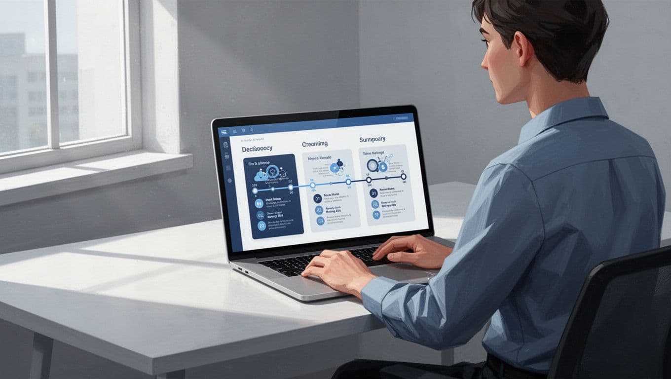 Person at desk views three-column timeline infographic and flashcards on laptop screen.