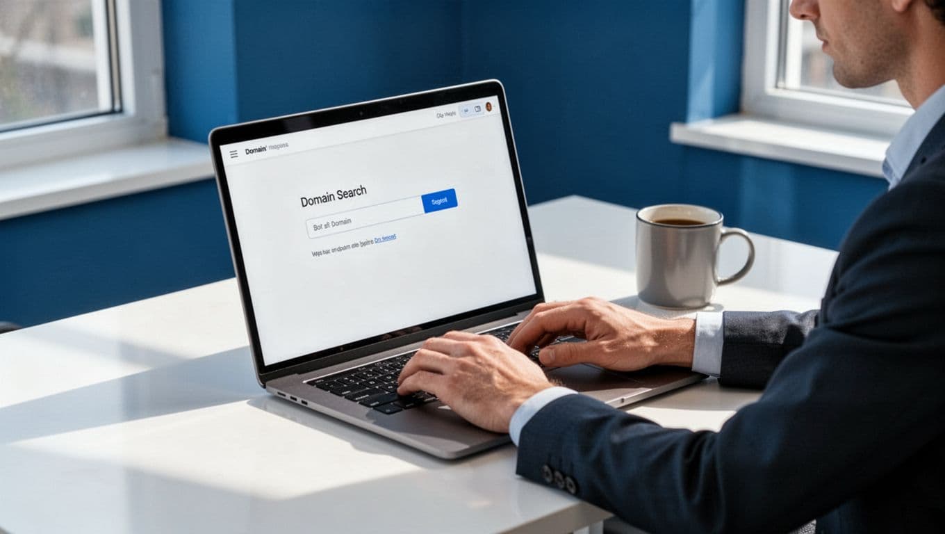 Modern illustration of a person at a desk using a laptop to search for email addresses on Hunter.io's domain search interface, in a clean office with natural lighting and blue-white palette.