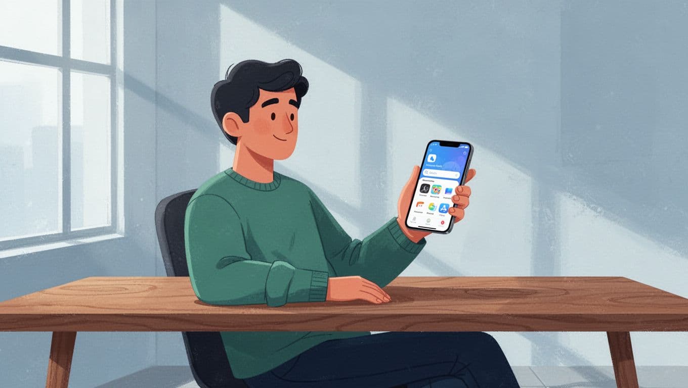 Person sits relaxed at wooden desk holding smartphone with app store screen showing money transfer app search.