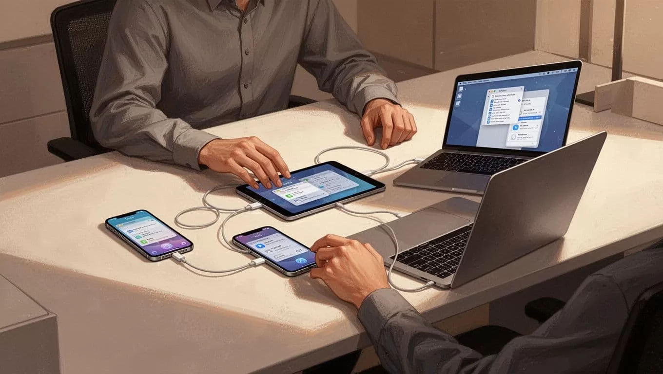 Modern illustration of a relaxed person at a desk syncing files across a phone, tablet, and laptop connected by cables in warm office lighting with clean shapes.