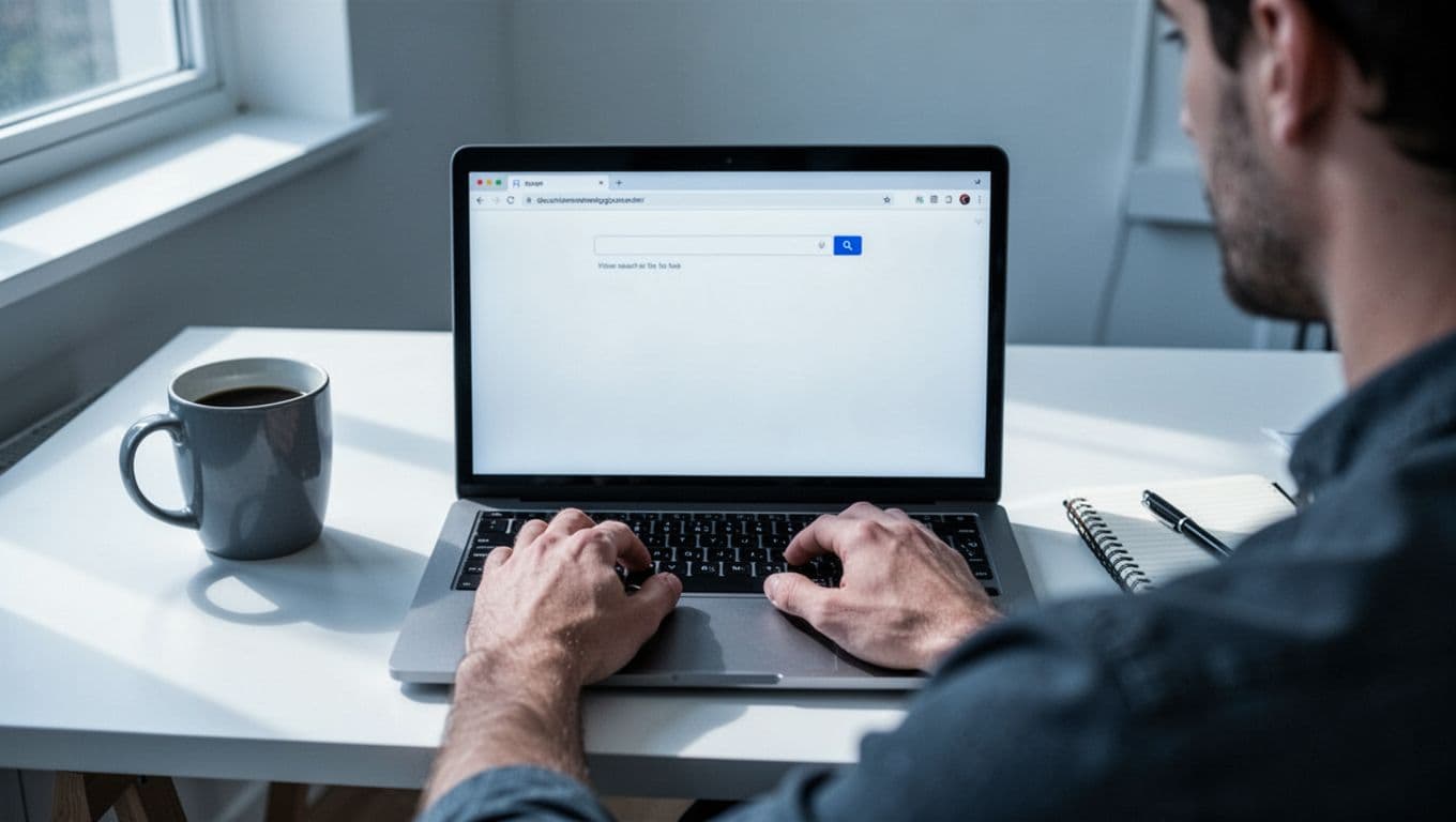 Modern illustration of one person at a clean desk with laptop displaying Google search results for a company like Acme Corp, coffee mug and notebook nearby, in a focused home office workspace.