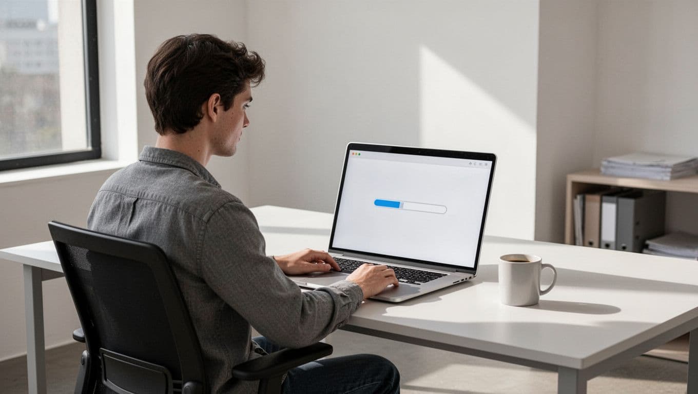 Modern illustration of a person at a desk uploading a large file to cloud storage on a laptop in a simple office setting with a coffee mug nearby. Features clean shapes, controlled colors, strong composition, natural lighting, and soft shadows.