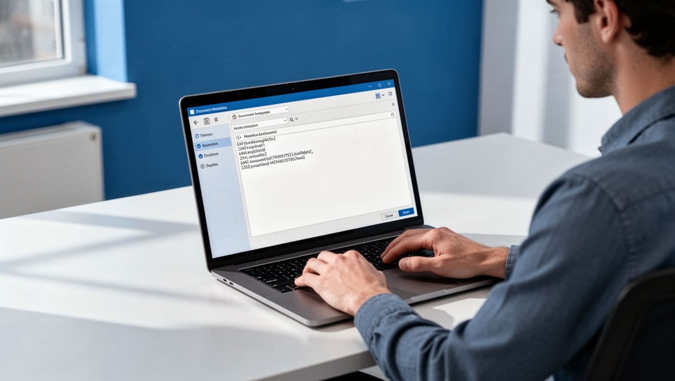 Modern illustration of a person at a desk using Microsoft Word on a laptop to inspect and remove document metadata, with focus on the Document Inspector tool on screen in a blue and white palette.
