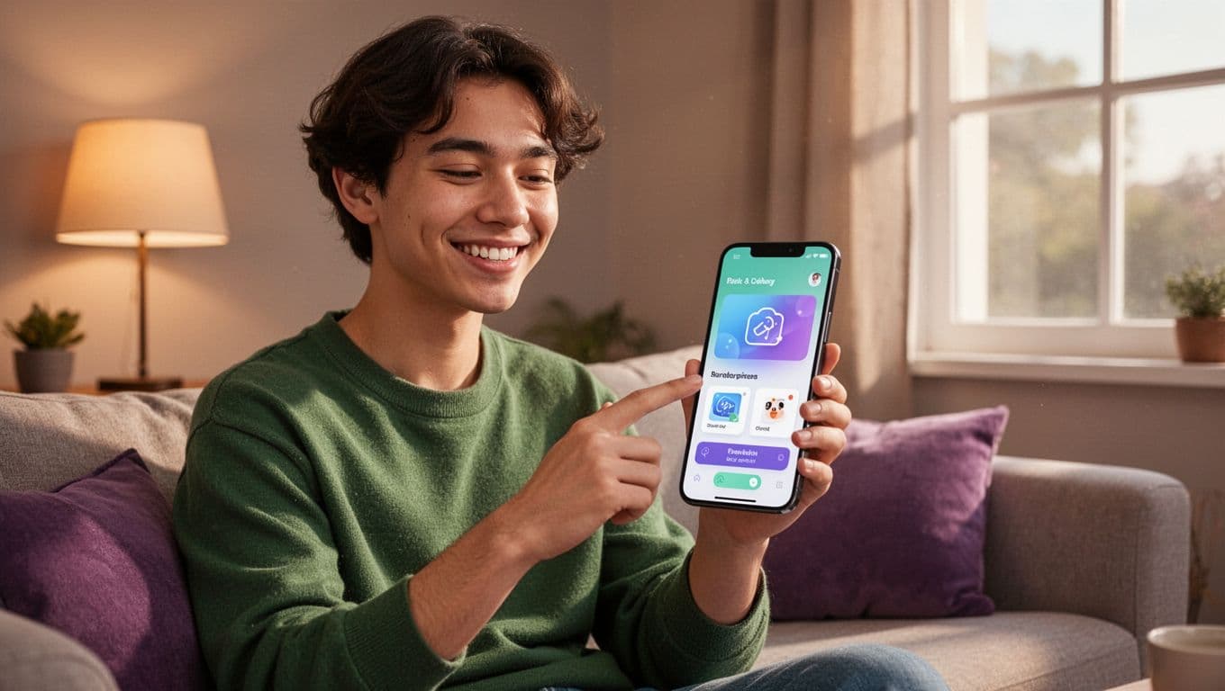 Modern illustration of a visitor happily interacting with a personalized website on a mobile device in a cozy home, showing dynamic content adaptation and smooth navigation.