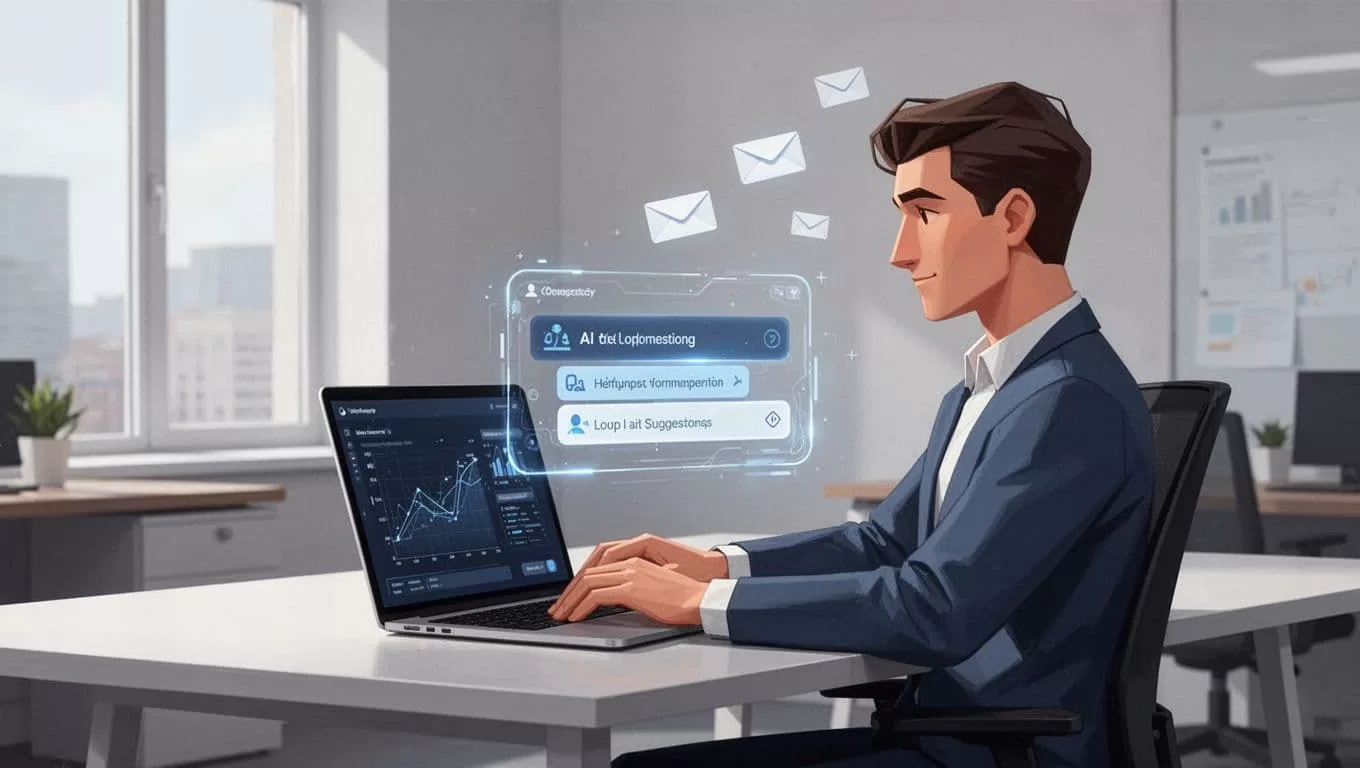 Modern illustration of a person typing a personalized cold email on a laptop, with Hunter.io sidebar displaying contact details and AI assistant suggestions, envelope icons flying out, in an office background.