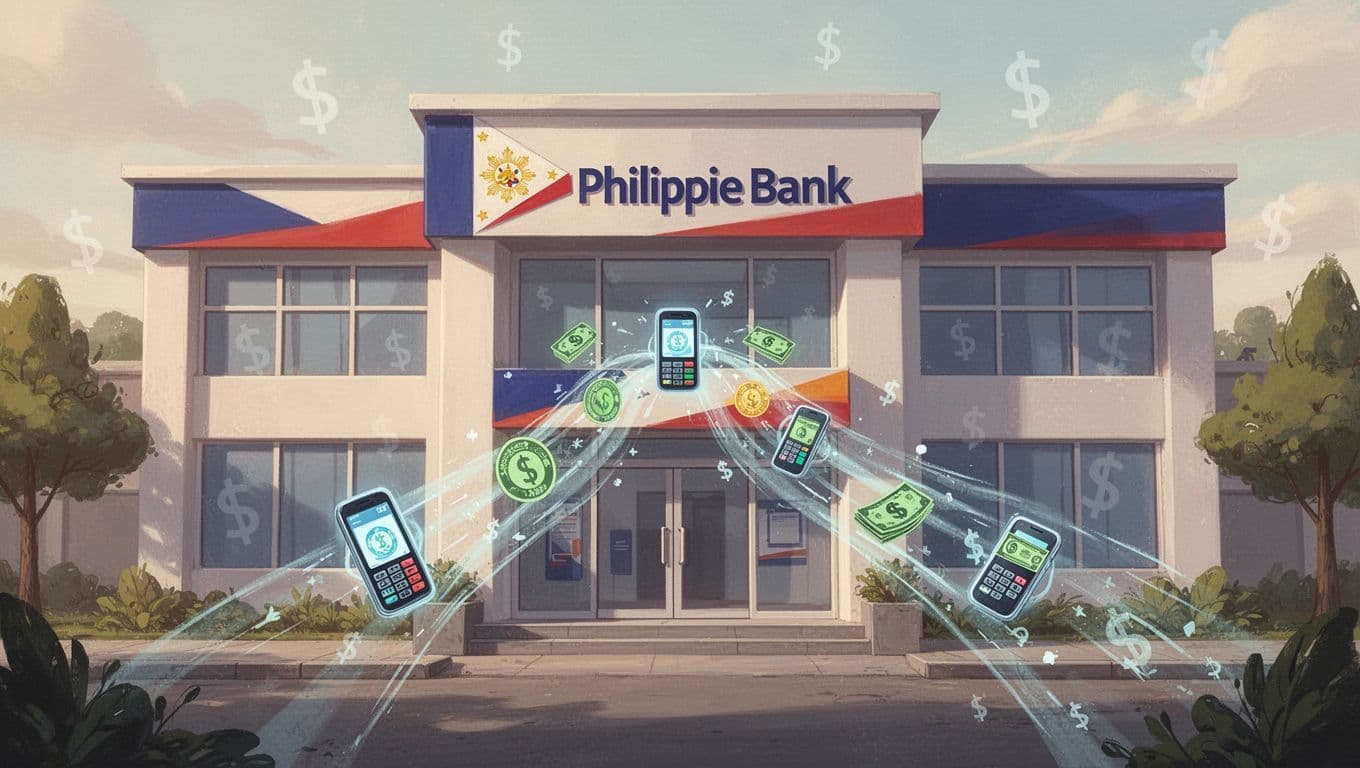 Philippine bank exterior with arriving digital money transfer icons and subtle pesos background.
