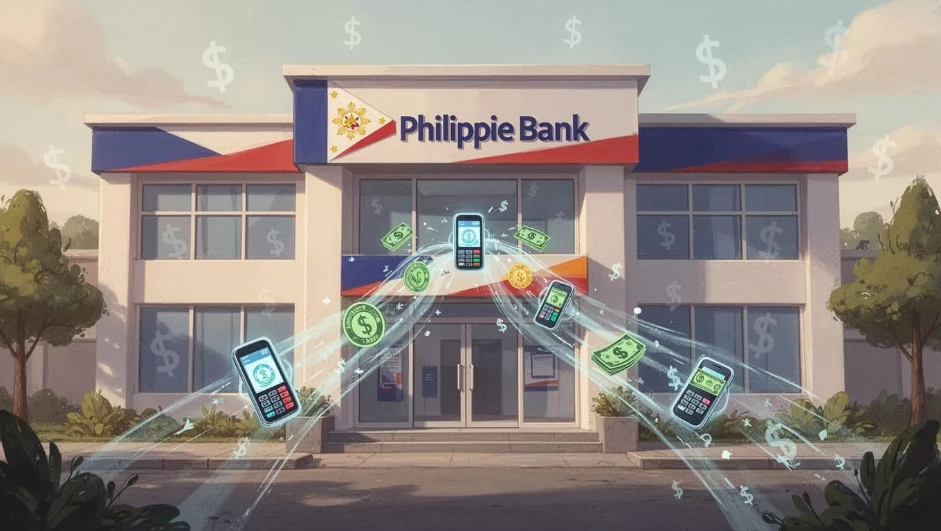 Philippine bank exterior with arriving digital money transfer icons and subtle pesos background.
