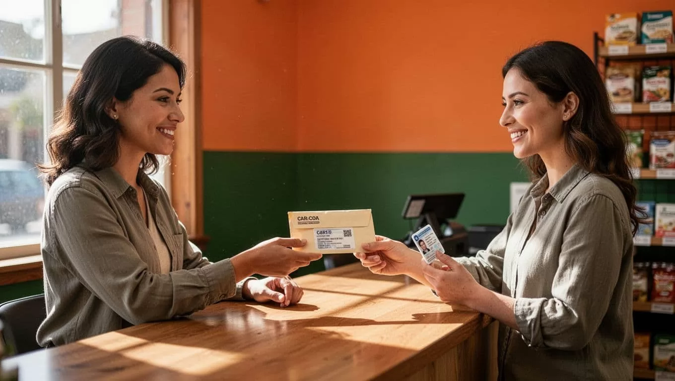 Smiling recipient holds ID as teller hands cash envelope across Philippine store counter.
