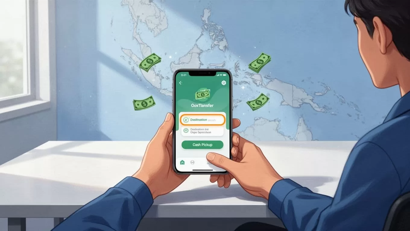 Person at desk holds smartphone showing money transfer screen with Philippines cash pickup selected and subtle map background.