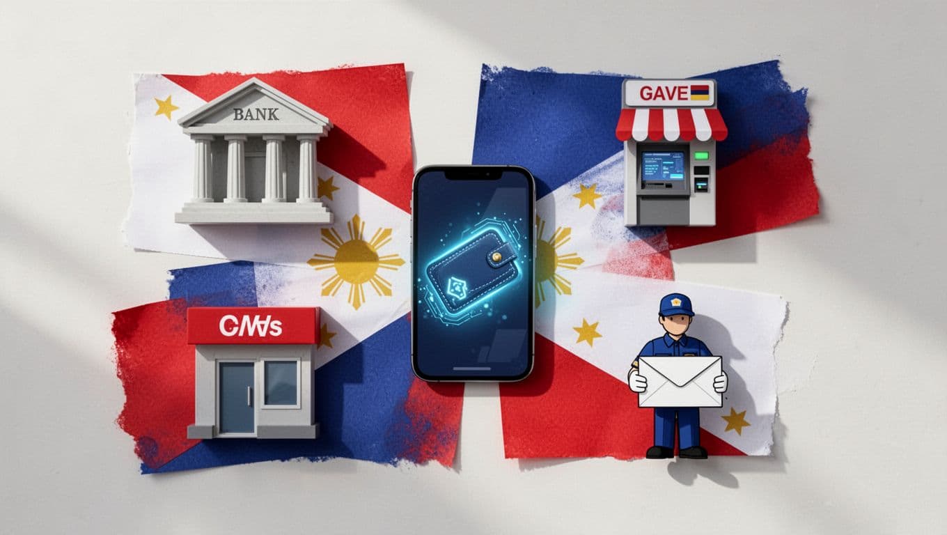 Icons of bank building, cash pickup store, angled mobile wallet screen, and courier with envelope arranged around flag elements.