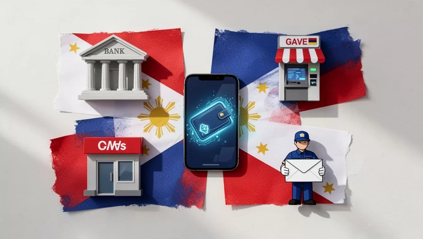 Icons of bank building, cash pickup store, angled mobile wallet screen, and courier with envelope arranged around flag elements.