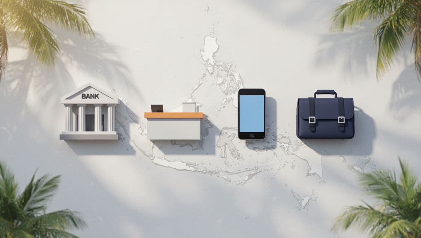 Four simple icons—bank building, cash counter, mobile wallet phone, delivery bag—arranged horizontally on subtle Philippines map background.