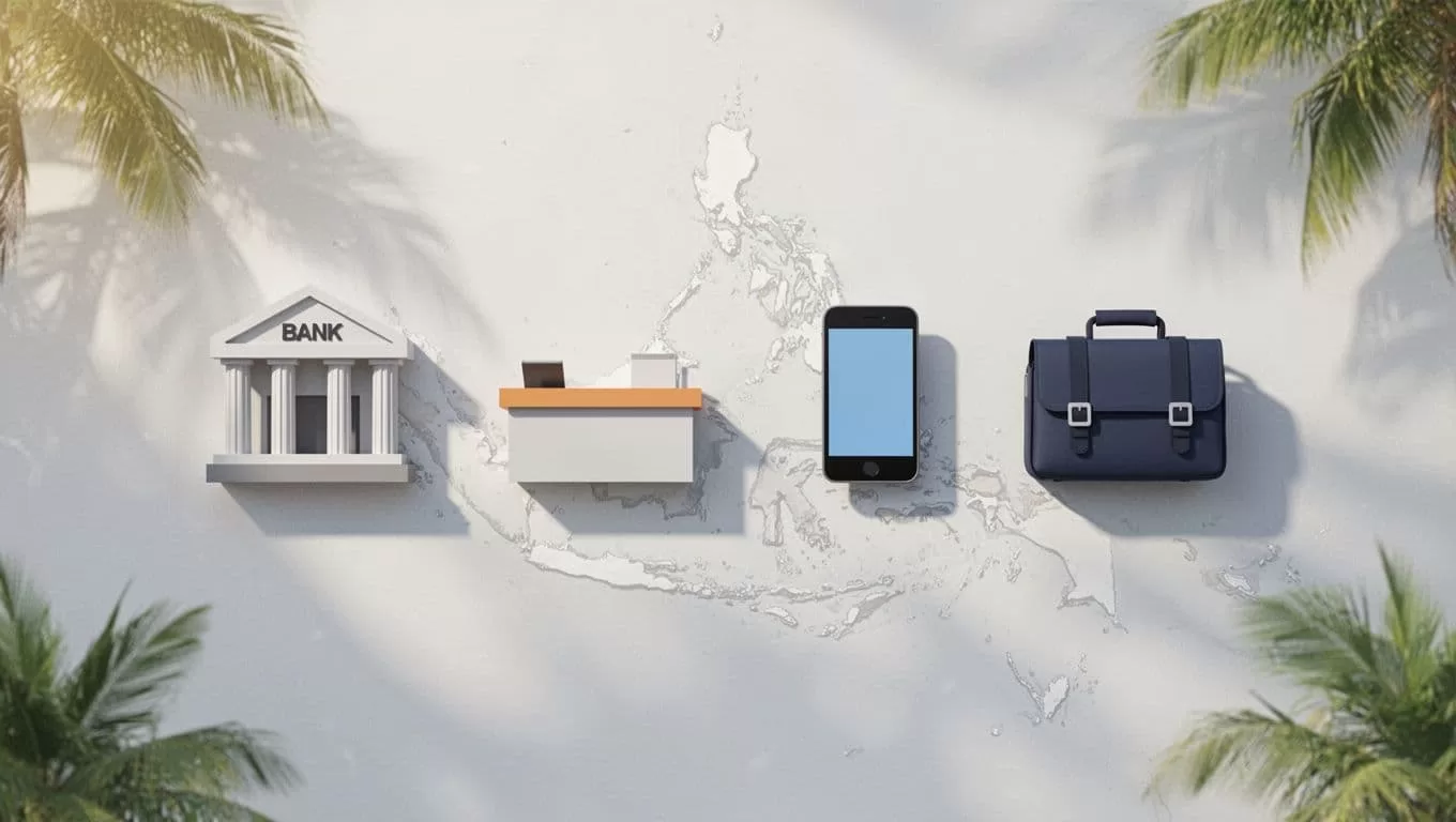 Four simple icons—bank building, cash counter, mobile wallet phone, delivery bag—arranged horizontally on subtle Philippines map background.