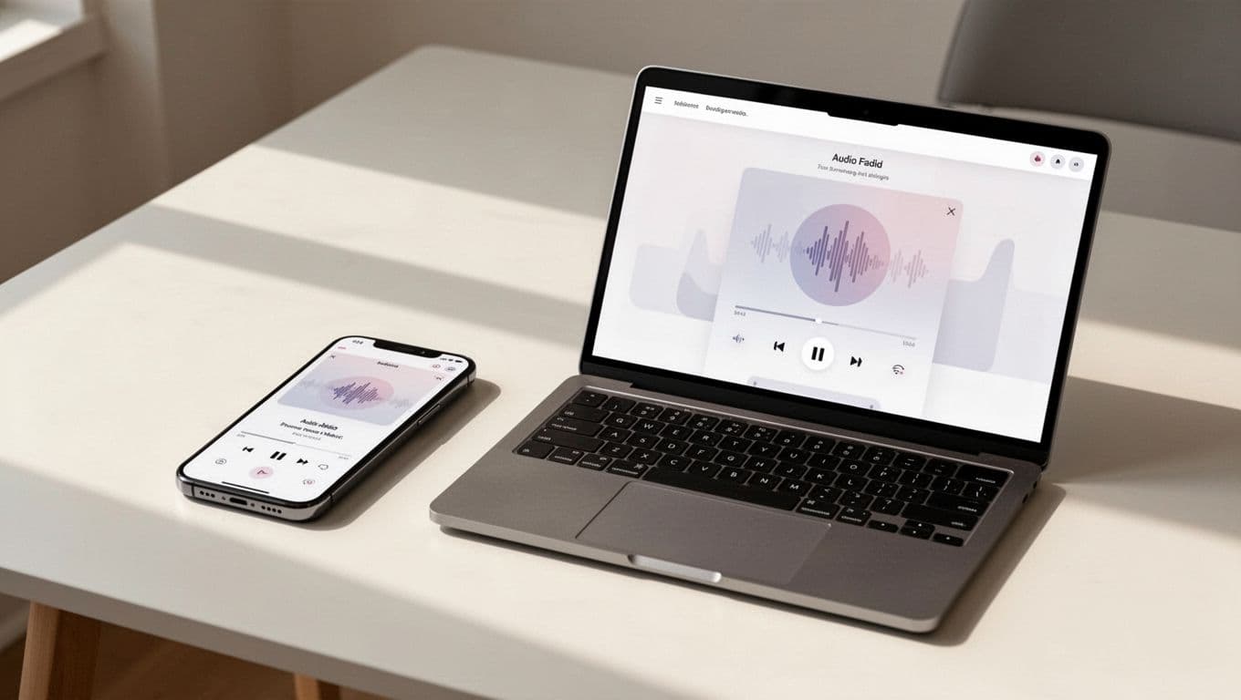 Mobile phone and laptop on table display embedded private podcast player.