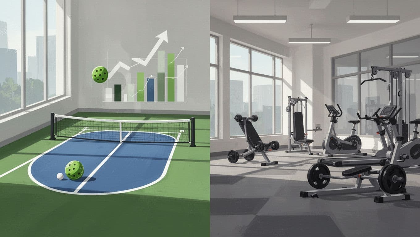 Modern split-screen illustration comparing pickleball courts and traditional gyms with growth metrics icons, using clean shapes and controlled palette, no text or people.