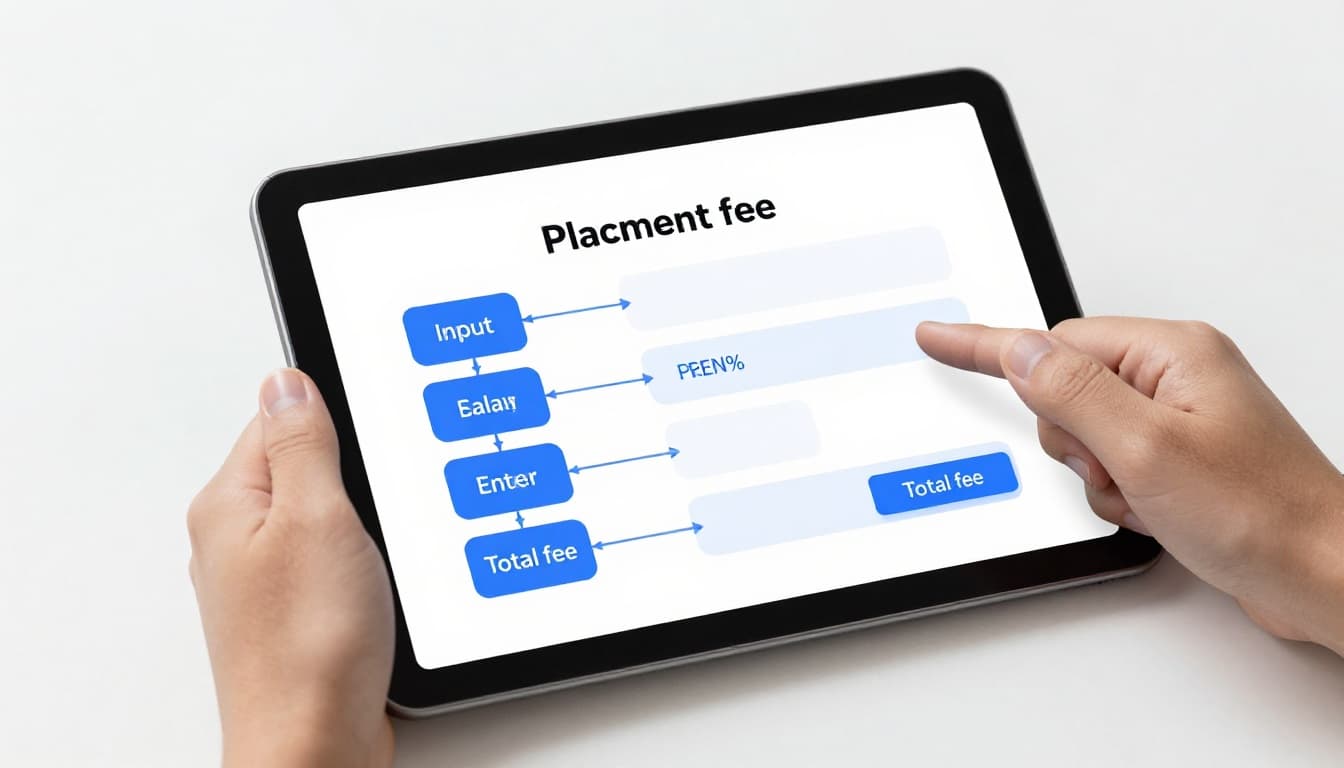 Recruiter's hand holds tablet showing simple flowchart for placement fee steps in office.