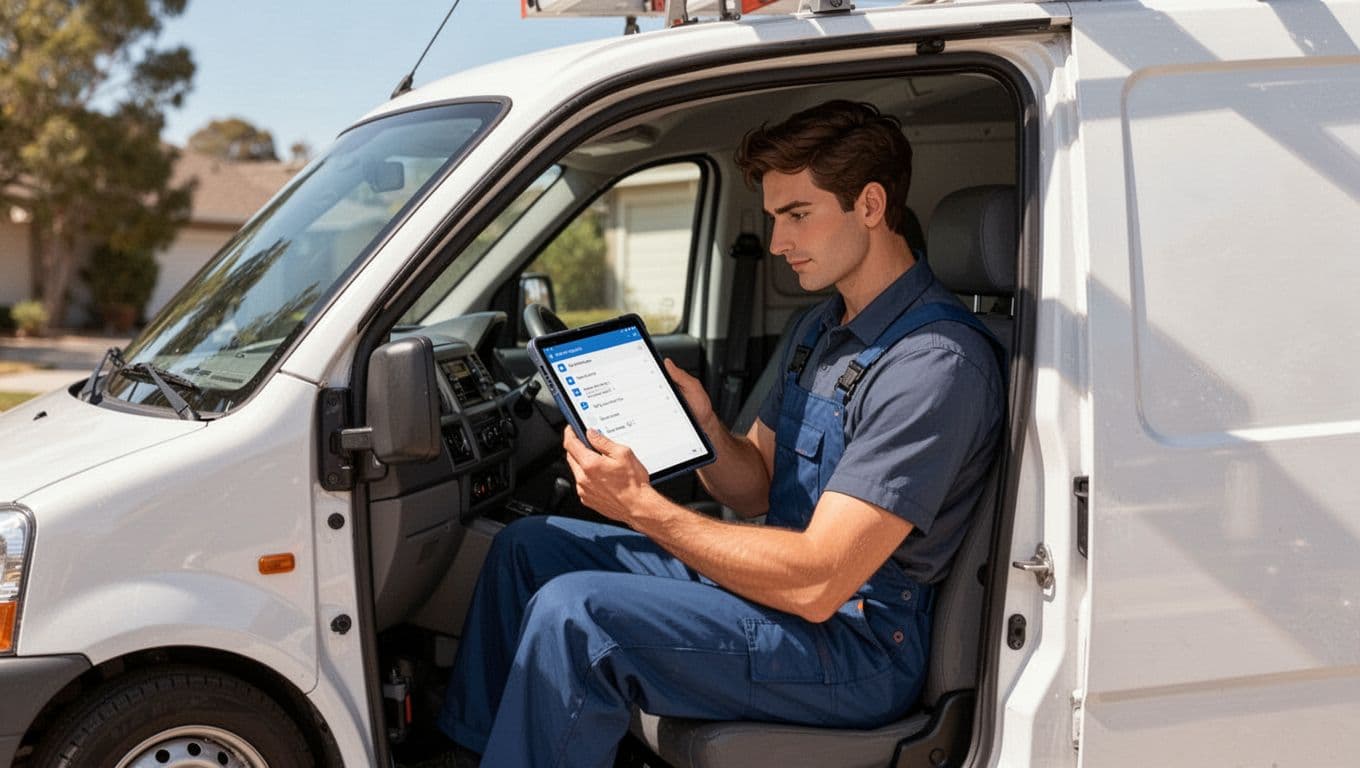 Modern illustration of a plumber outside his work van using a tablet to access a help desk app for managing customer tickets in a field service setting.