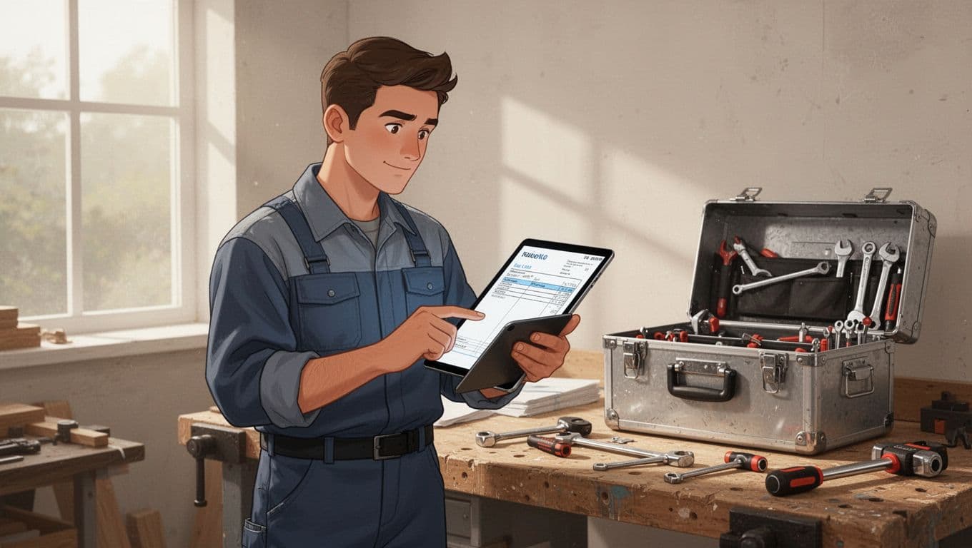 Modern illustration of a home service professional like a plumber reviewing an invoice on a tablet after job completion, with a toolbox nearby in a workshop setting, featuring clean shapes, controlled colors, and natural lighting.