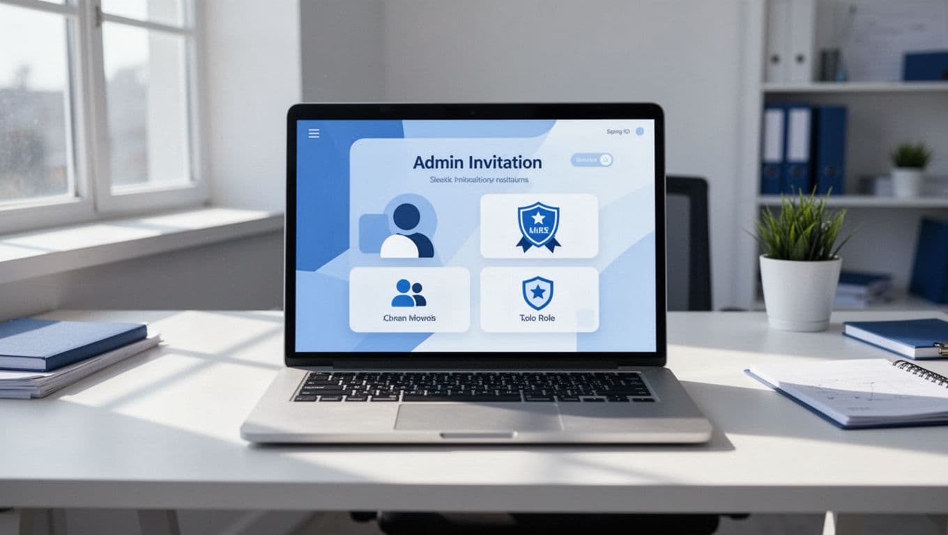 Laptop on clean office desk displays podcast team dashboard for admin invitations in blues and whites.