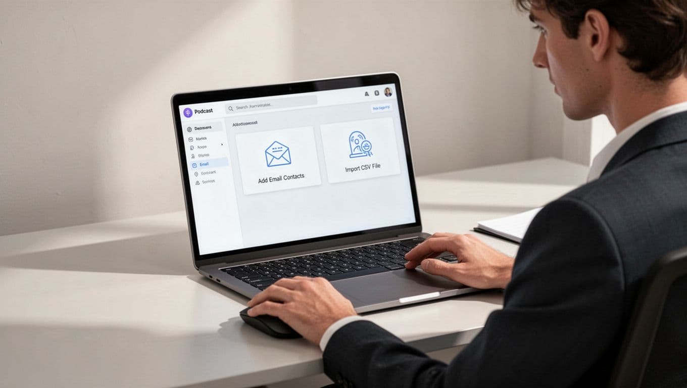 Office worker views Transistor.fm subscribers interface on laptop, hand on mouse.