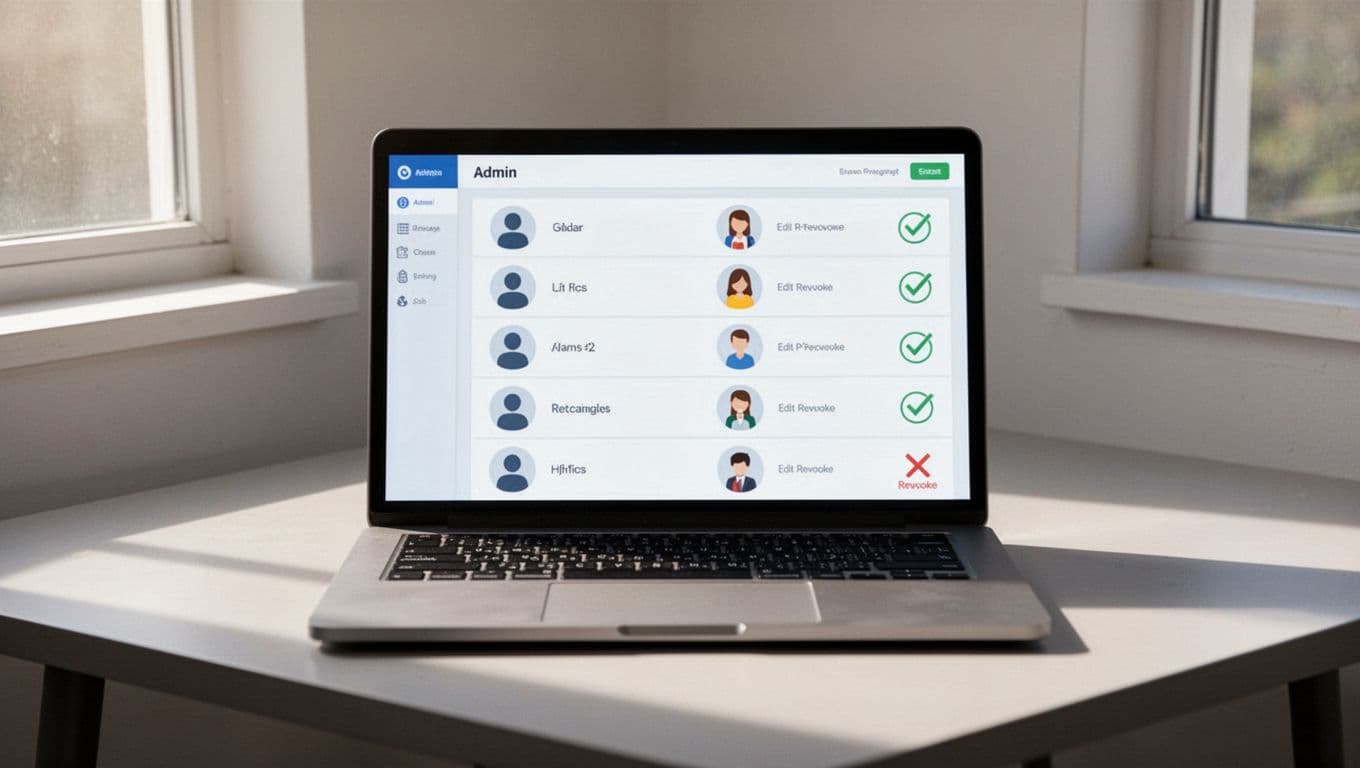 Laptop on simple desk shows podcast admin interface with user list, edit, and revoke buttons.