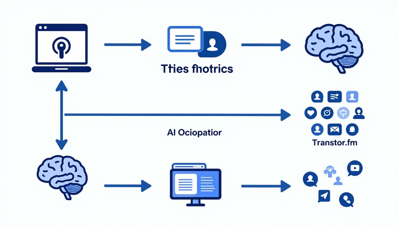Modern illustration in clean shapes and blue-green palette showing podcast upload to AI analysis, outputting captioned clips to social media icons in simple flowchart style on light background.