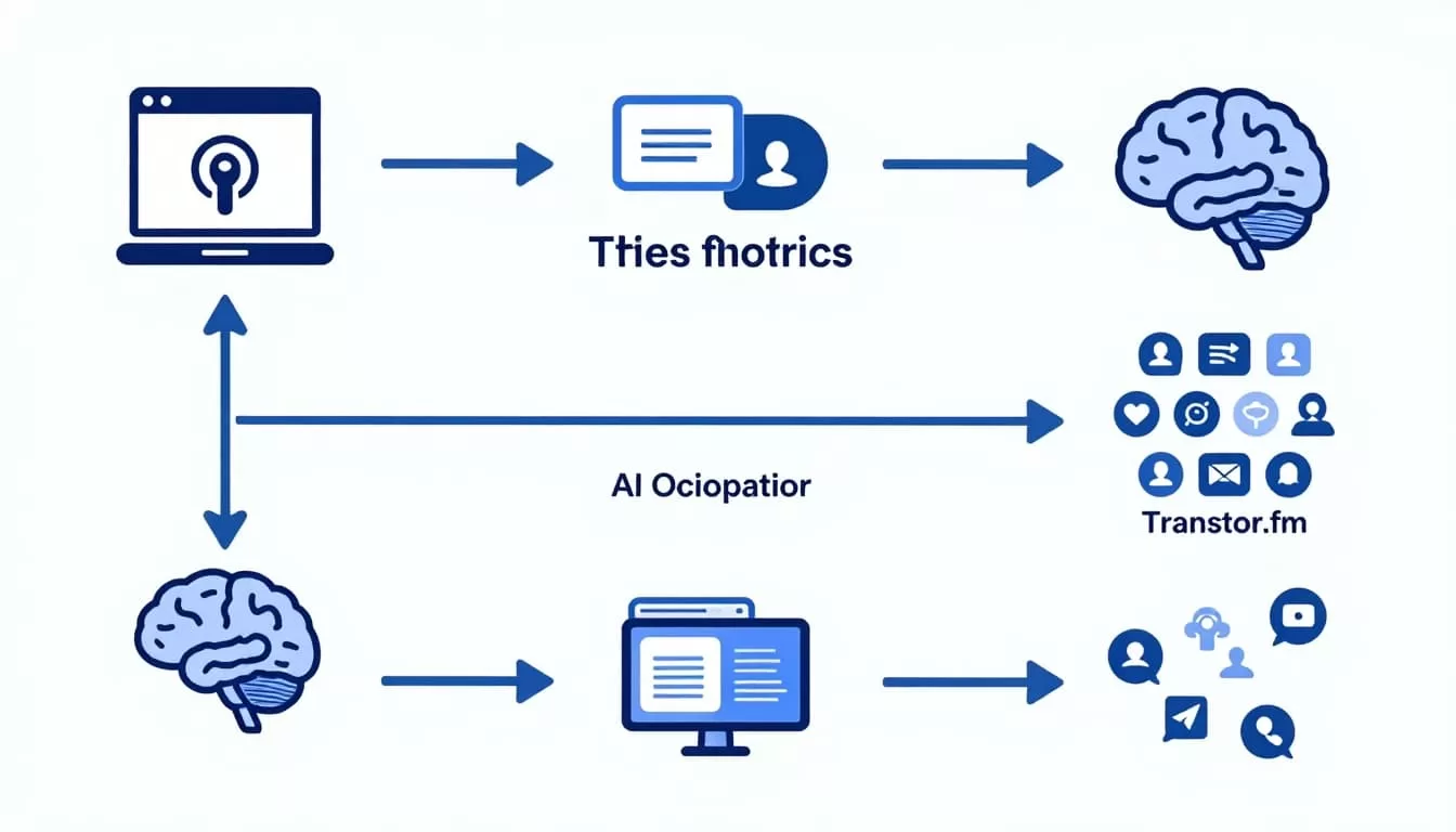 Modern illustration in clean shapes and blue-green palette showing podcast upload to AI analysis, outputting captioned clips to social media icons in simple flowchart style on light background.