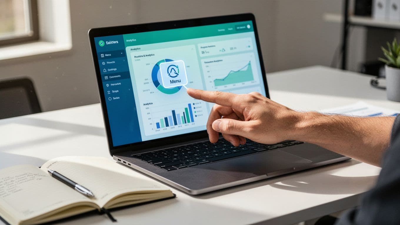 Hand on mouse clicks analytics menu in podcast dashboard on laptop screen with sidebar, office notebook nearby.