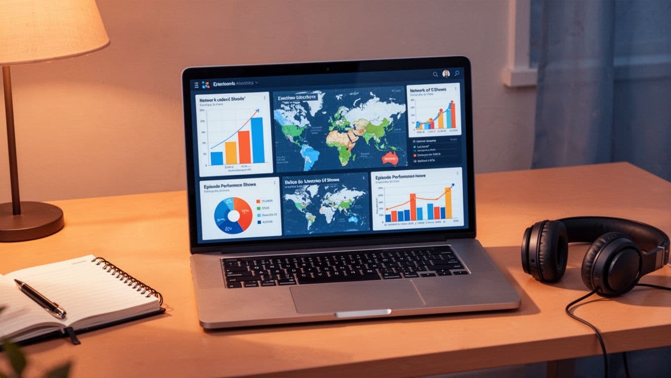 Laptop screen displays podcast analytics with growth charts, geographic maps, and episode performance in cozy workspace with notebook and headphones.
