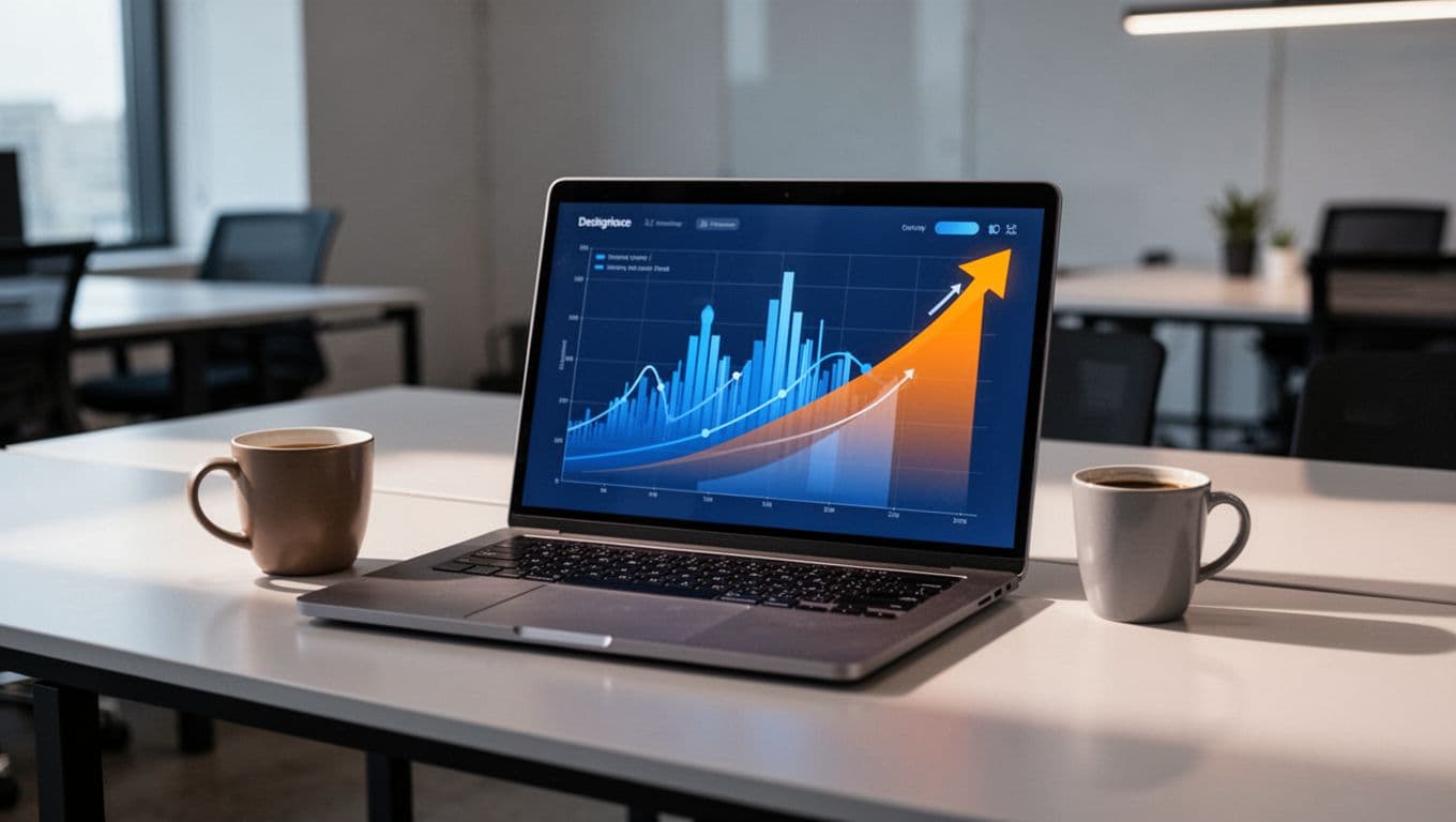 Laptop screen shows podcast metrics graphs with download spikes and listener growth, coffee mug nearby on desk.